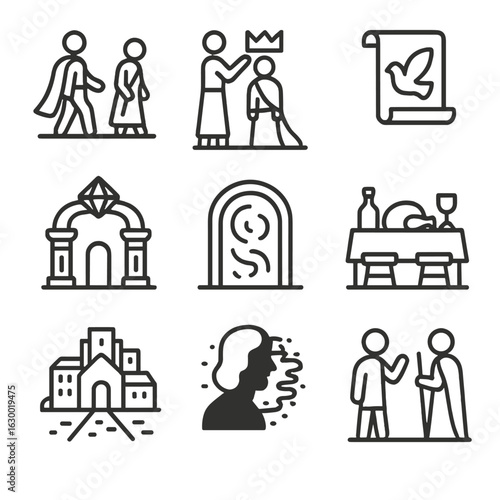Quest and Realm Icons. Outline icon set of quest endings: hero’s return, crown ceremony, peace scroll, ancient artifact restored,