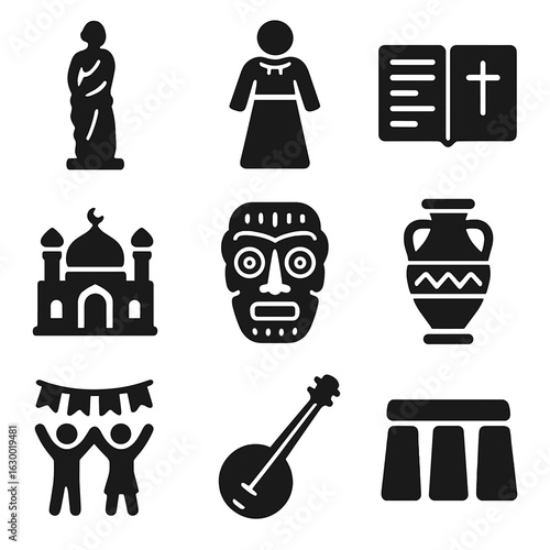 Cultural Legacy Icons. Solid, filled icons set of Cultural legacy: historic statue, traditional clothing, old