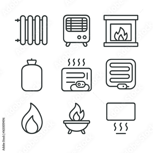 Heating Elements Icons. Outline icon set of heating elements: radiator, electric heater, fireplace, hot water bottle, heated
