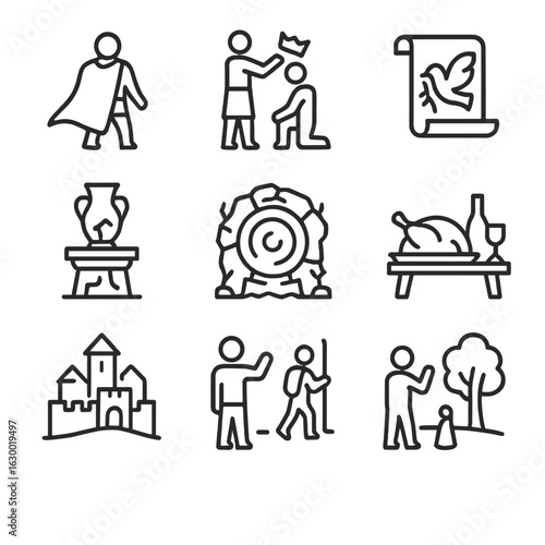 Quest and Realm Icons. Outline icon set of quest endings: hero’s return, crown ceremony, peace scroll, ancient artifact restored,