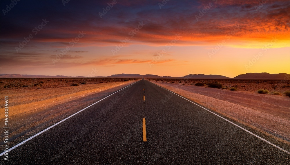Fototapeta premium endless desert road under a warm orange sky at dusk