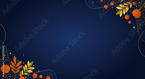 Elegant design with orange and gold elements on a deep blue background with copy space