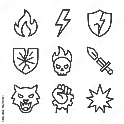 Rage Symbols Icons. Outline icon set of rage symbols: fire flame, thunderbolt, broken shield, shattered glass, skull with flames,