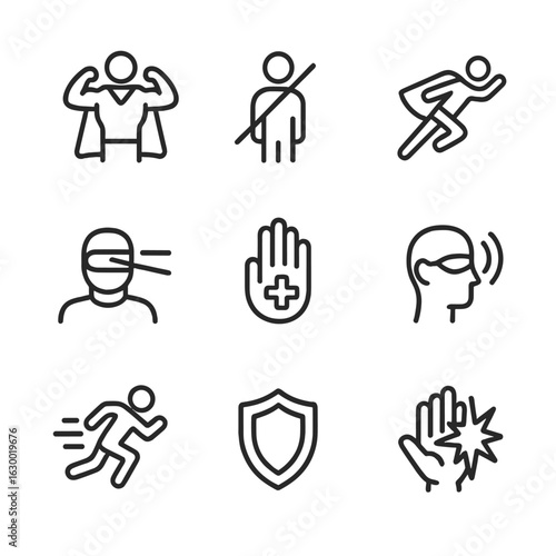 Hero Power Icons. Outline icon set of hero powers: super strength, invisibility, flight, laser eyes, healing, telepathy, speed,