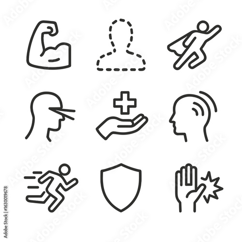 Hero Power Icons. Outline icon set of hero powers: super strength, invisibility, flight, laser eyes, healing, telepathy, speed,