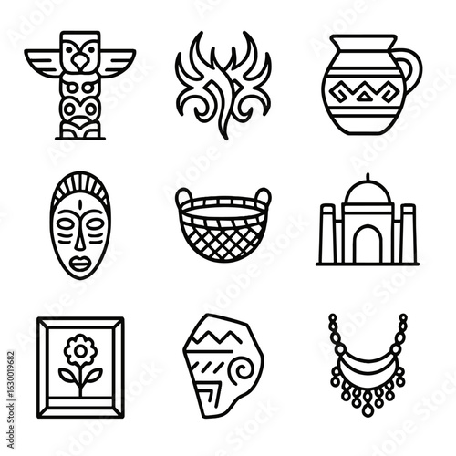 Cultural Icon Set. Outline icon set of cultural legacy in design: totem pole, tribal tattoo, handcrafted