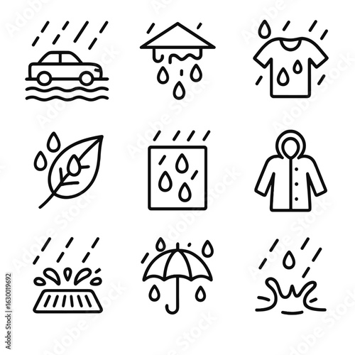 Rainy Day Icons. Outline icon set of downpour effects: flooded street, dripping roof, soaked clothes, wet leaf, water droplets on