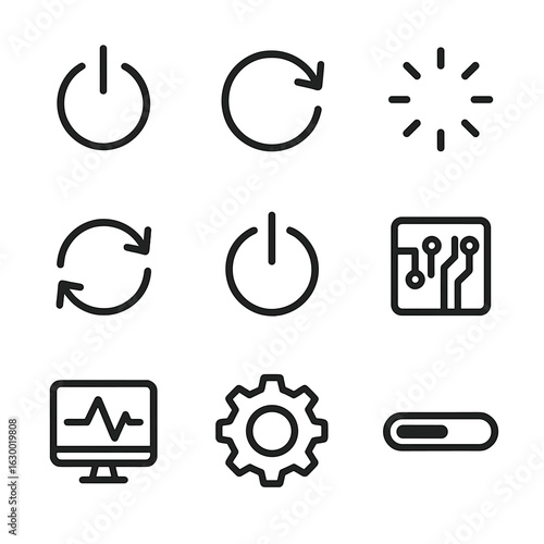 Reboot Icon Set. Outline icon set of reboot process: power button, refresh arrow, loading circle, restart icon, shutdown symbol,