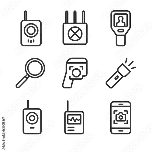Hidden Camera Detection Icons. Outline icon set of hidden camera detection devices: RF detector, signal jammer, thermal scanner,