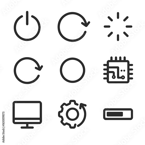 Reboot Icon Set. Outline icon set of reboot process: power button, refresh arrow, loading circle, restart icon, shutdown symbol,