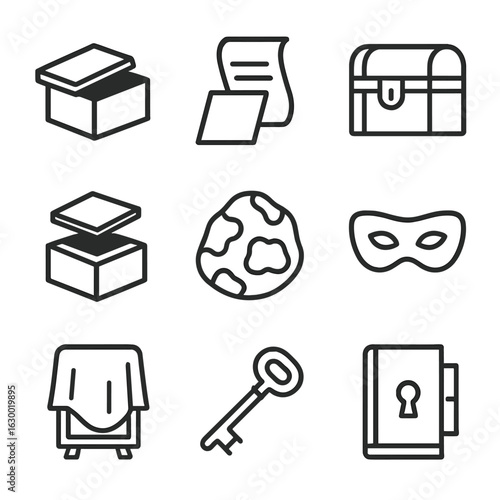 Hidden Objects Icons. Outline icon set of hidden objects: concealed box, secret note, locked chest, mystery box, hidden