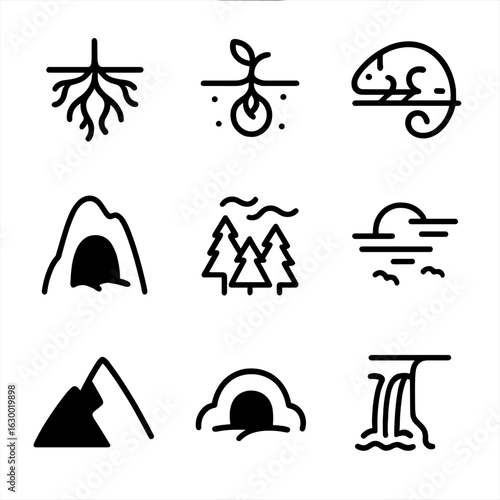 Hidden Nature Icons. Outline icon set of hidden nature: underground roots, buried seed, camouflaged animal, hidden cave, misty