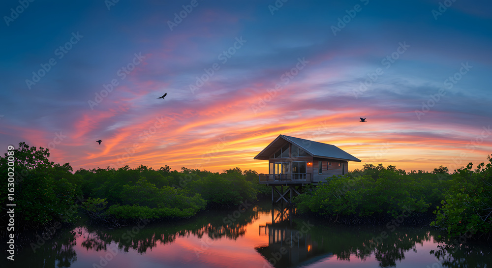 Fototapeta premium Sunset cabin reflection landscape nature sky water birds tranquil evening peaceful scenery beauty