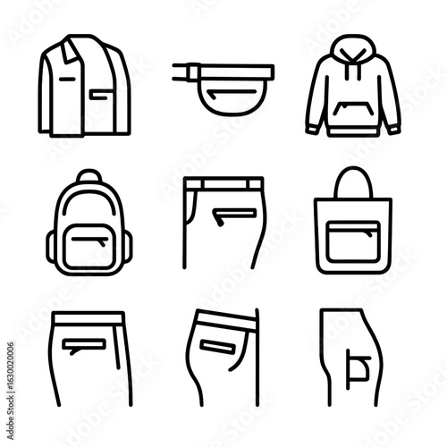 Hidden Pocket Icons. Outline icon set of hidden pocket types: jacket inner pocket, concealed belt pocket, hidden hoodie pocket,