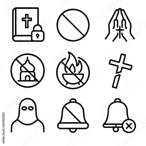 Religious Taboo Icons. Outline icon set of religious taboo: holy book with lock, forbidden symbol, prayer hands with cross, temple