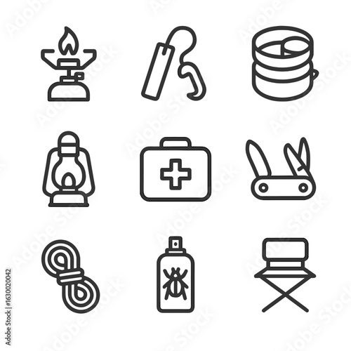 Camping Gear Icons. Outline icon set of camping pack tools: camp stove, fire starter, mess kit, lantern, first aid kit, multi-tool