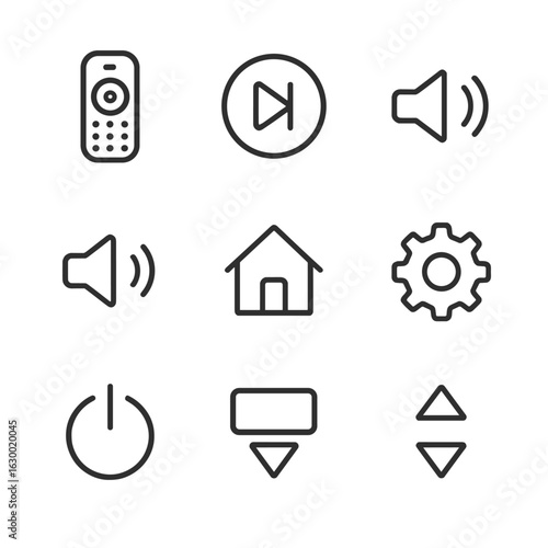 Remote Controls Icon Set. Outline icon set of remote media control: remote control device, play/pause toggle, volume up, volume