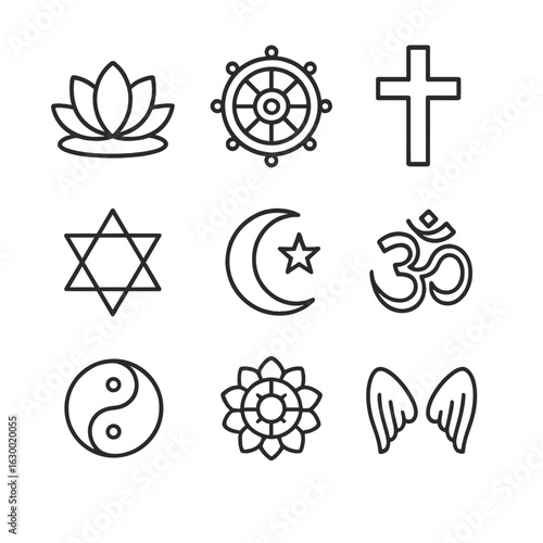 Religious Symbols Icons. Outline icon set of religious symbols at shrines: lotus, dharma wheel, cross, star of David, crescent