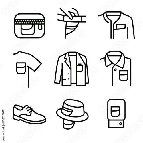 Hidden Pocket Icons. Outline icon set of hidden pocket placements: behind zipper seam, beneath waistband, inside collar, under
