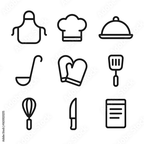 Canteen Staff Essentials. Outline icon set of canteen staff tools: apron, chef hat, serving tray, ladle, oven mitts, spatula,