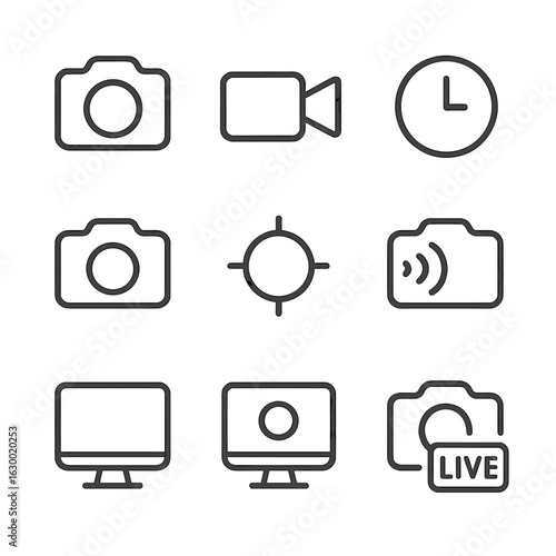 Capture Modes Icons. Outline icon set of capture modes and techniques: photo capture, video recording, time lapse, burst mode,
