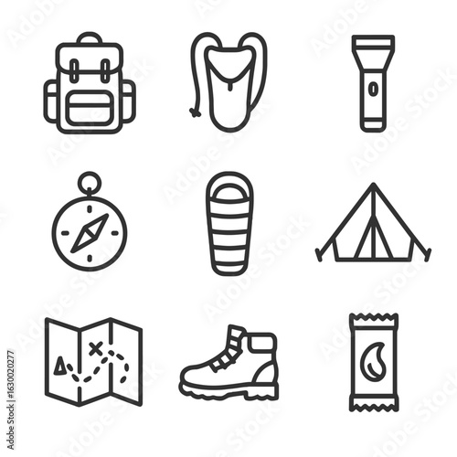 Hiking Gear Icons. Outline icon set of hiking pack gear: backpack, hydration pack, flashlight, compass, sleeping bag, tent, trail