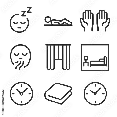 Restful Icon Set. Outline icon set of restful pause: nap icon, lying figure, hands at rest, relaxed breath, closed curtain,