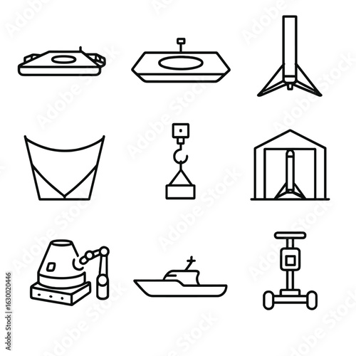Reusable Launch Infrastructure Icons. Outline icon set of reusable launch infrastructure: landing barge, drone ship, booster legs,