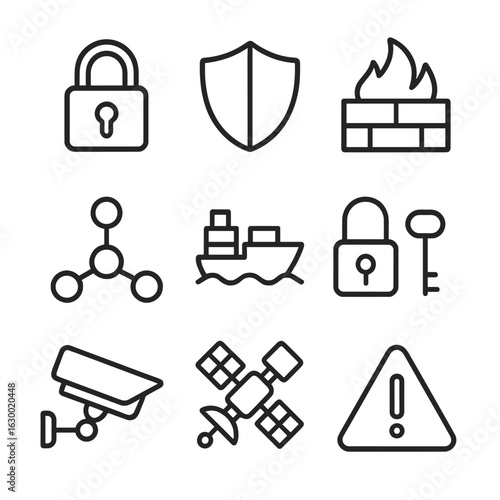 Cybersecurity Icon Grid. Outline icon set of cyber defense in supply chains: lock, shield, firewall, data