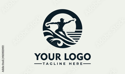 A surfer riding a wave inside a circular emblem, with ocean elements.