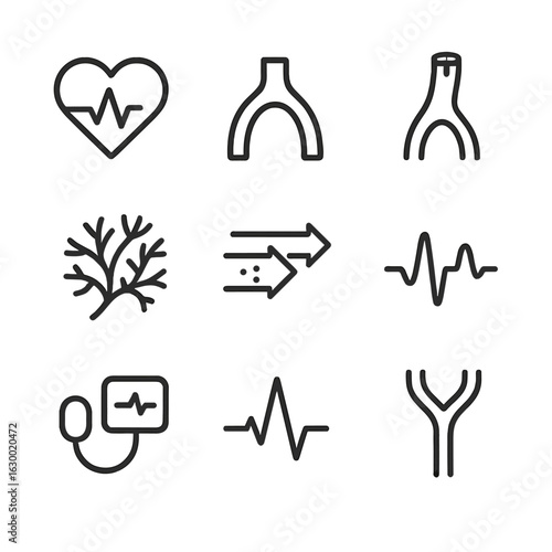 Cardiovascular Icon Set. Outline icon set of cardiovascular pulse: heart, artery, vein, capillary, blood flow, pulse wave, blood