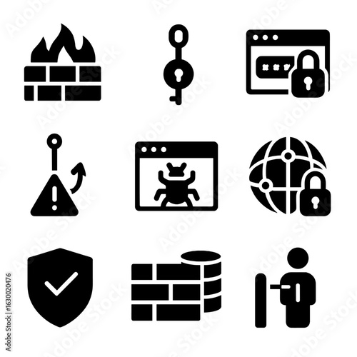 Cybersecurity Icons Grid. Solid, filled icons set of advertising platform security: firewall, encryption key,