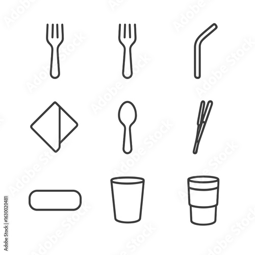 Reusable Utensils Icons. Outline icon set of reusable utensils: metal fork, bamboo fork, silicone straw, cloth napkin, steel spoon