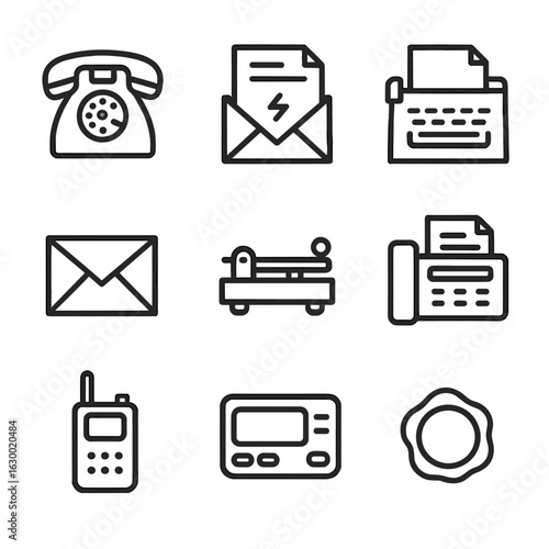 Retro Communication Icons. Outline icon set of retro communication: rotary phone, telegram, typewriter, mail envelope, telegraph,