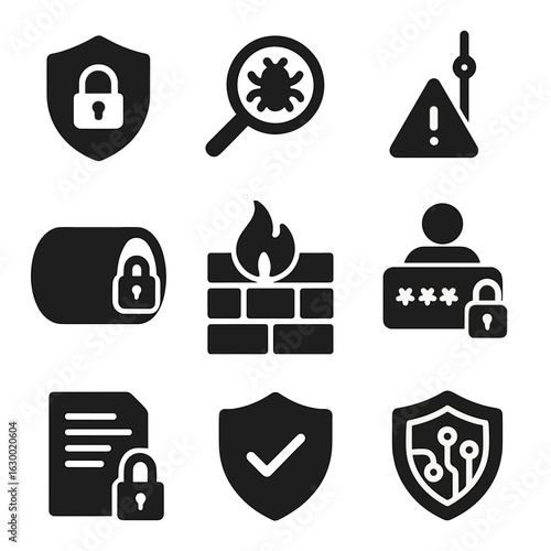 Cybersecurity Icons Grid. Solid, filled icons set of cybersecurity for marketing data: lock shield, malware