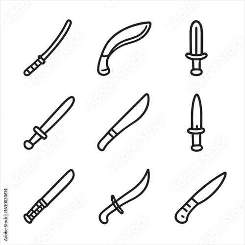 Historical Knife Icons. Outline icon set of historical and cultural knives: katana, kukri, dagger, gladius, machete, dirk, tanto,