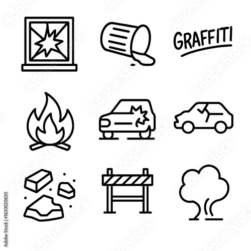Riot Damage Icons. Outline icon set of riot damage: broken window, overturned trash can, graffiti, fire, damaged vehicle,
