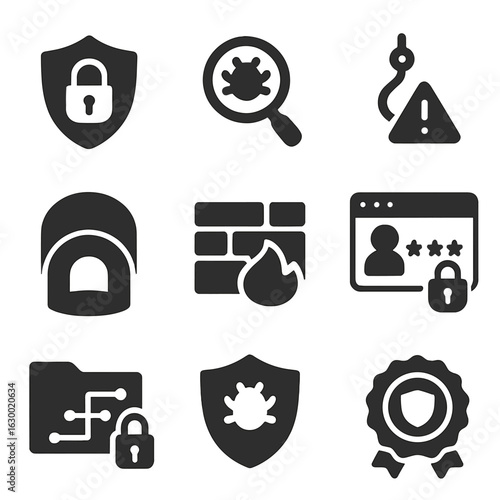 Cybersecurity Icons Grid. Solid, filled icons set of cybersecurity for marketing data: lock shield, malware