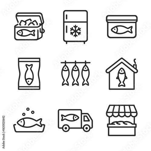 Catch Preservation Icons. Outline icon set of catch preservation: icebox, freezer, storage container, vacuum pack, drying rack,