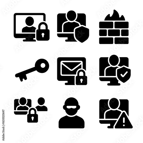 Cybersecurity Icons Grid. Solid, filled icons set of cybersecurity in virtual meetings: padlock, shield,