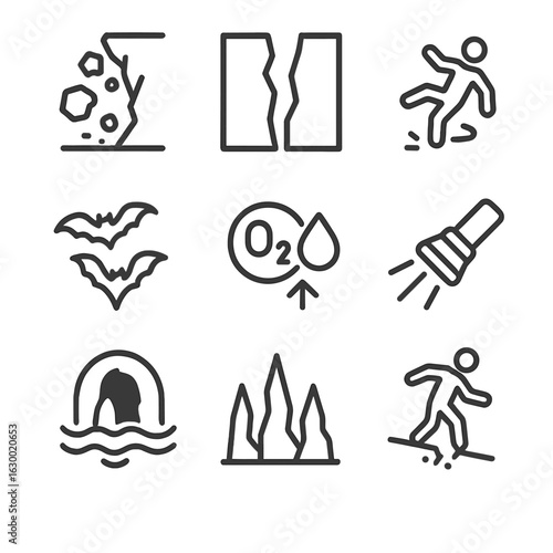Cave Danger Icons. Outline icon set of cave dangers: falling rocks, deep crevice, slippery floor, bats flying, low oxygen,