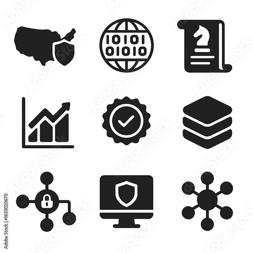 Cybersecurity Strategy Icons. Solid, filled icons set of national cybersecurity strategy: country map shield,