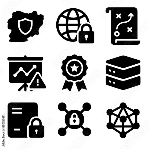 Cybersecurity Strategy Icons. Solid, filled icons set of national cybersecurity strategy: country map shield,