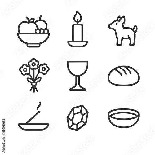 Ritual Offering Icons. Outline icon set of ritual circle offerings and sacrifices: fruit bowl, candle flame, animal figurine,