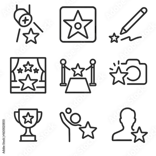 Celebrity Fame Icons. Outline icon set of celebrity and fame: spotlight star, Hollywood star on pavement, autograph pen and star,
