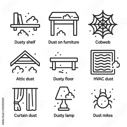 Home Dust Icons. Outline icon set of dust in homes: dusty shelf, dust on furniture, cobweb, attic dust, dusty floor, HVAC dust,