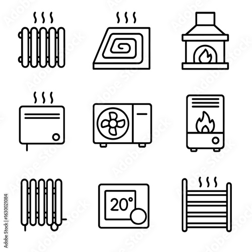 Home Heating Icons. Outline icon set of home heating systems: radiator, floor heating, fireplace, wall heater, heat pump, gas