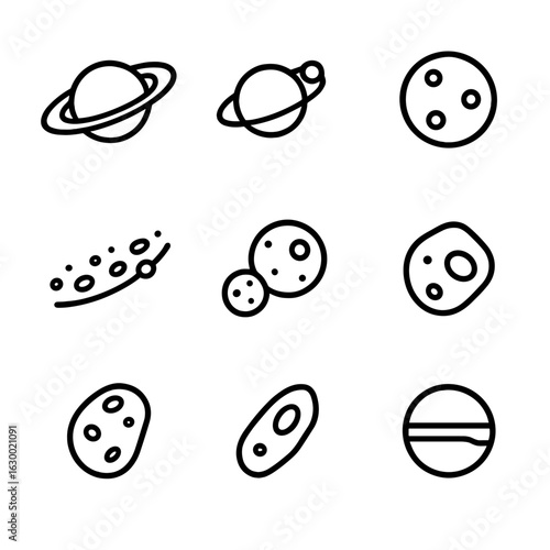 Celestial Icon Grid. Outline icon set of rings and moons: ring system, shepherd moon, moon, asteroid belt, Trojan asteroid, Kuiper