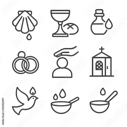 Sacrament Icons Set. Outline icon set of sacraments: baptismal shell, chalice, bread, oil vial, wedding rings, laying on of hands,