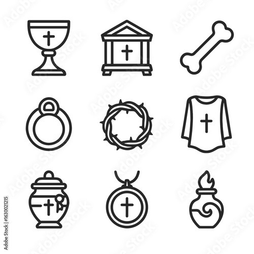 Sacred Relics Icon Set. Outline icon set of sacred relics: chalice, relic box, saint bone, sacred ring, crown of thorns, relic